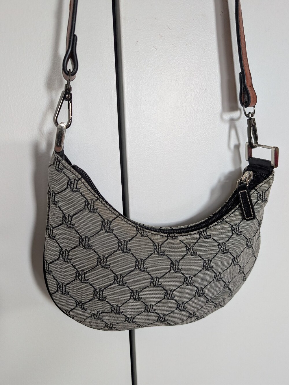 Vintage Ralph Lauren Gray Monogram Crescent Shoulder Bag with Adjustabable Strap